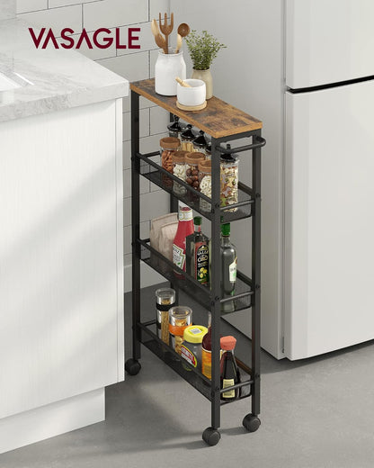 VASAGLE Slim Rolling Cart, 4-Tier Narrow Storage Cart with Handle, 5.1 Inches Deep, Metal Frame, for Kitchen, Dining Room, Living Room, Home Office, Rustic Brown and Classic Black ULRC032B01V1