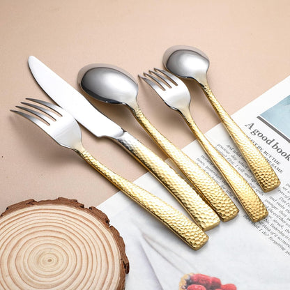 Hammered Silverware Set For 4,Forks and Spoons 18/10 Stainless Steel Heavy Duty Silverware Gold Cutlery Set 20 Piece Flatware Set,Mirror Polished,Dishwasher Safe (20 pcs gold)