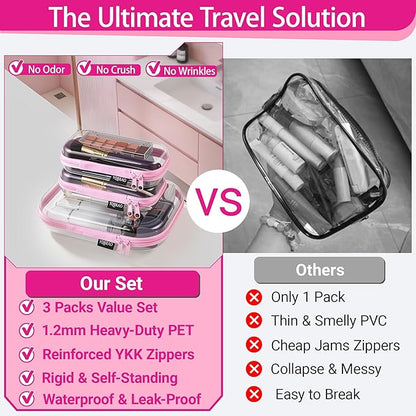 YQBRAO 3-Pack Clear Hard Shell Zipper Case Pink, 1.2mm Heavy-Duty Crush-Proof Travel Makeup Bag, TSA Approved Clear Zipper Pouches, Rigid Toiletry & Diaper Bag Organizer for Tech, Toys & Art Supplies