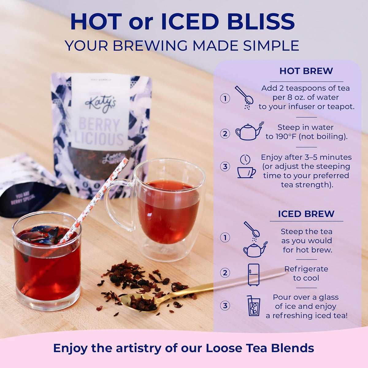 Katy’s® Berrylicious Loose Leaf Tea, Hibiscus, Blueberry & Cranberry, Fruity Herbal Tea, Caffeine-Free Fruit Tea, Cold Brew or Hot, 30+ Cups