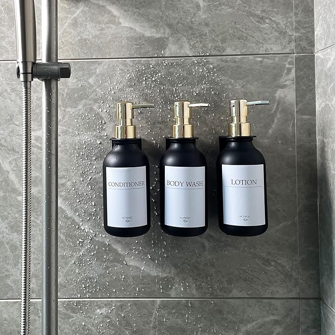 Shampoo Dispenser for Shower Wall, Shampoo and Conditioner Dispenser with 16 Waterproof Labels, No Drill Shower Soap Dispenser Bathroom, Shower Soap Dispenser Wall Mounted,17oz, 3 Pack, Gold Black