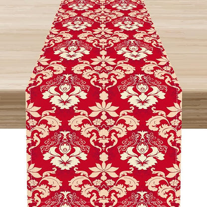 Damask Table Runner, Rustic Gothic Red Baroque Style Floral Boho Flower Antique Vintage Retro Coffee Table Center Decor for Kitchen and Dining Outdoor Home Country Party Table Decorations, 13"x90"