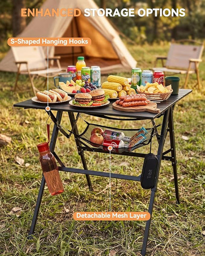 Sportneer Camping Table Folding Table, Bi-Fold Portable with Fast Open Design, Adjustable Height 16.5-27.6", 35.4"x23.6" Lightweight Aluminum Tabletop, Handle & Shoulder Strap for Outdoor Picnic