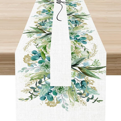 Farmhouse Table Runner, Green Gold Eucalyptus Spring Seasonal Plants Rustic Country Cafe Coffee Table Center Decor for Home Kitchen Dining Patio Indoor Outdoor Table Decorations, 13"x90" Inch