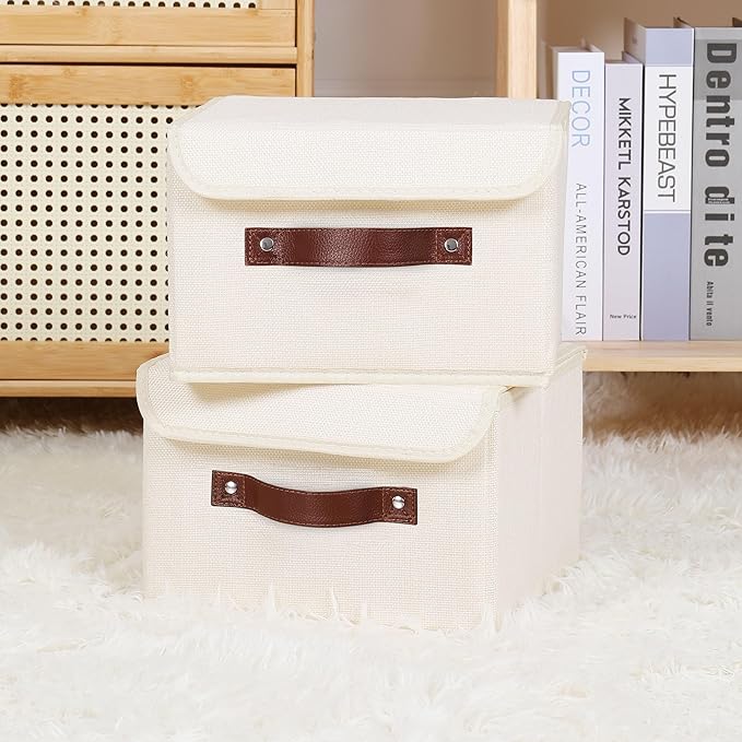 ANMINY 2PCS Storage Bins with Lid PU Leather Handles Storage Boxes PP Plastic Board Decorative Foldable Lidded Cotton Linen Fabric Home Cubes Baskets Closet Organizer Containers - Beige, Small Size