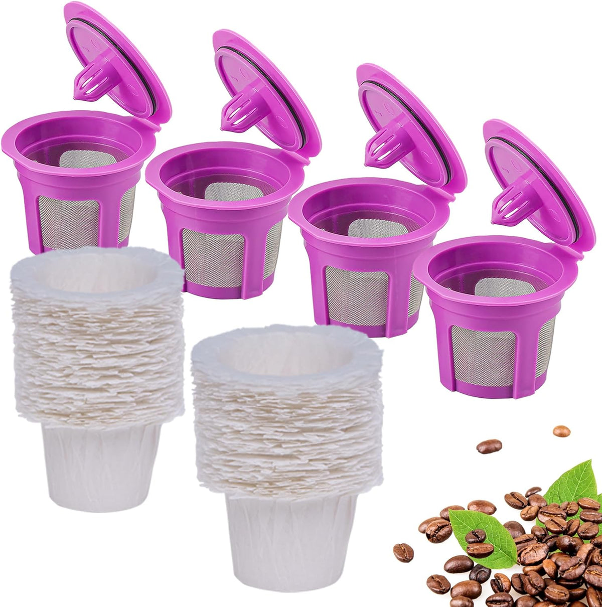 300 Count Disposable Paper Filter with 2 Pack Reusable K Cups Coffee Pods,Compatible with Keurig 2.0 and 1.0 Coffee Maker