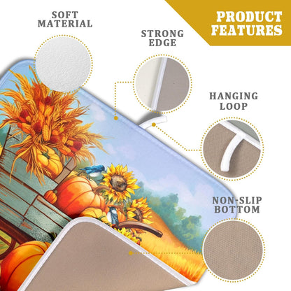 Thanksgiving Autumn Harvest Pumpkin Dish Drying Mat for Kitchen Counter,Sunflowers and Cart Drying Mat 16 x 18 Inch Microfiber Dish Drying Pad Ear of