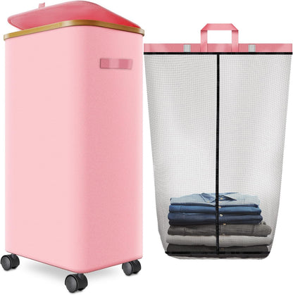 Laundry Hamper with Wheels,29 Gal (110L) Laundry Basket with lid Rolling Clothes Hamper Foldable Dirty Clothes Basket on wheels with Bamboo Frame and Bag for Bedroom, Dorm, Laundry Room-Pink