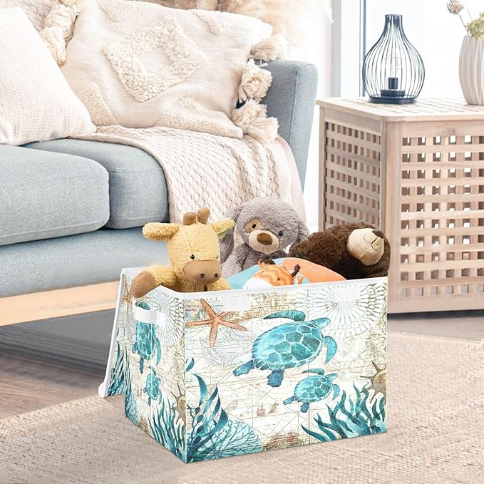 Large Collapsible Storage Bins with Lids, Vintage Ocean Sea Turtle Starfish Map Storage Baskets Organizer Containers with Handles for Nursery Clothes Toys