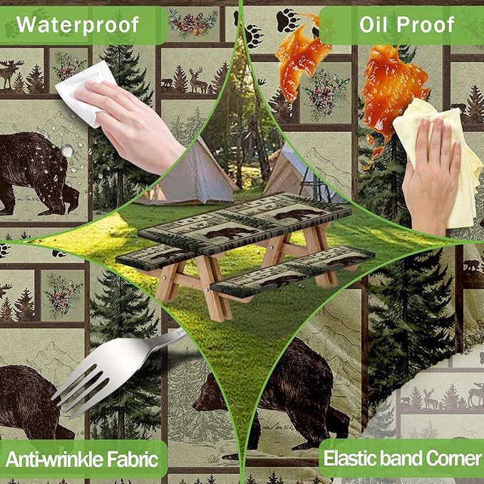 JAWO Picnic Table Cover with Bench Covers Rustic Bear Pattern Waterproof Windproof Fitted Outdoor Patio Camping Rectangle Tablecloth 72x30 Inch Elastic Edges