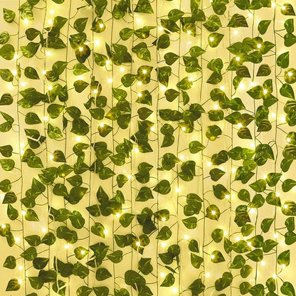 CEWOR 24 Pack 173ft Fake Ivy Vines, Artificial Ivy Garland with 200 LED String Lights, Hanging Plants Greenery Backdrop Green Leaves for Bedroom Room Wall Decor Wedding Party Table Decoration