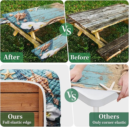 Picnic Table Cover with Bench Covers Elastic Edges, Beach Ocean Fitted Table Cover, Outdoor Patio Camping Essentials 72 Inch 3PCS, Waterproof Camping Fitted Tablecloth with Drawstring Bag