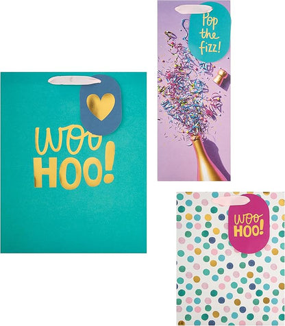 Hallmark Gift Bags, Pack of 3 in Medium, Large and Bottle sizes, 3 Bright Multicoloured Designs, Birthday, Celebration, Congratulations, Anniversary, Green, Pink, White, Yellow