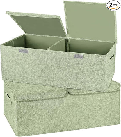 2 Pack Storage Boxes with Lids and Handles, Collapsible Linen Storage Bins Organizer Containers Baskets Cube with Removable Divider for Home Bedroom Closet Office (Green, Small)
