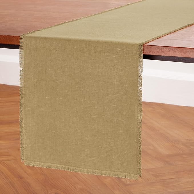 Solino Home Fringe Linen Table Runner 36 Inches - 100% Pure Linen Kelp Table Runner 14 x 36 Inch Ideal for Dresser and Coffee Tables, Spring