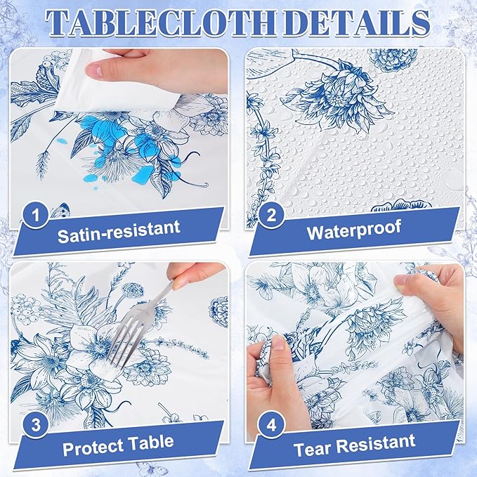 3 Pack Blue Floral Plastic Tablecloths, 54 X 108Inch Tea Party Tablecloth Disposable Table Cloths Blue and White Porcelain Tables Decor for Garden Wedding Tea Party Birthday Baby Bridal Shower