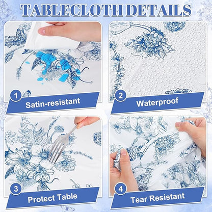 3 Pack Blue Floral Plastic Tablecloths, 54 X 108Inch Tea Party Tablecloth Disposable Table Cloths Blue and White Porcelain Tables Decor for Garden Wedding Tea Party Birthday Baby Bridal Shower