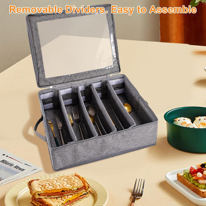 Flatware Utensil Storage Case With Adjustable Dividers,5 Compartments Zipper Flatware Storage Case, Silverware Storages Cases With Handles And Organizes Cutlery Stackable