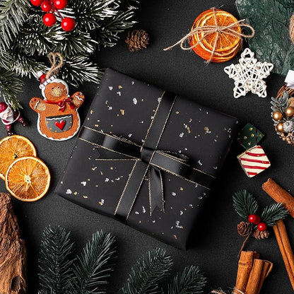 MAYPLUSS Wrapping Paper Roll - 17in x 16.5Ft - Luxury Thick Black Gold Foil Flakes Marvelous Satin Texture Matte Gift Wrap Paper for Birthdays, Anniversaries, Christmas, Father's Day