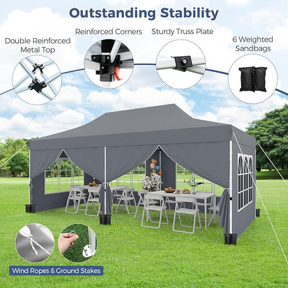 Tangkula 10x20 Ft Pop Up Canopy, UPF 50+ Portable Outdoor Canopy Tent with with 6 Removable Sidewalls, 6 Sandbags, 2 Zippered Door, Windows, Carrying Bag for Party, Wedding, Backyard