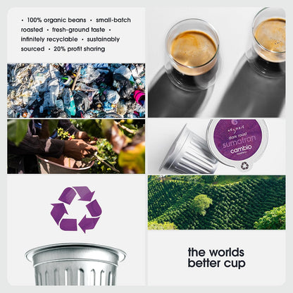 Cambio Roasters Dark Roast Coffee Pods - Recyclable Aluminum Pods, 10ct | Sumatran Organic Coffee in Recyclable Aluminum Coffee Pods. Compatible with Keurig® Brewers. Bold Flavor.