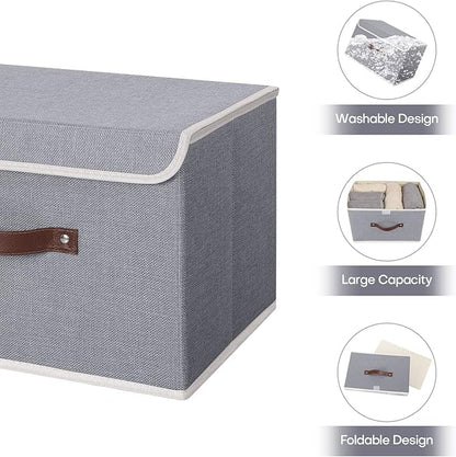 ANMINY Storage Bin with Lid Storage Boxes with PU Leather Handles PP Plastic Board Decorative Foldable Lidded Cotton Linen Fabric Home Cubes Baskets Closet Organizer Container - Gray, Medium