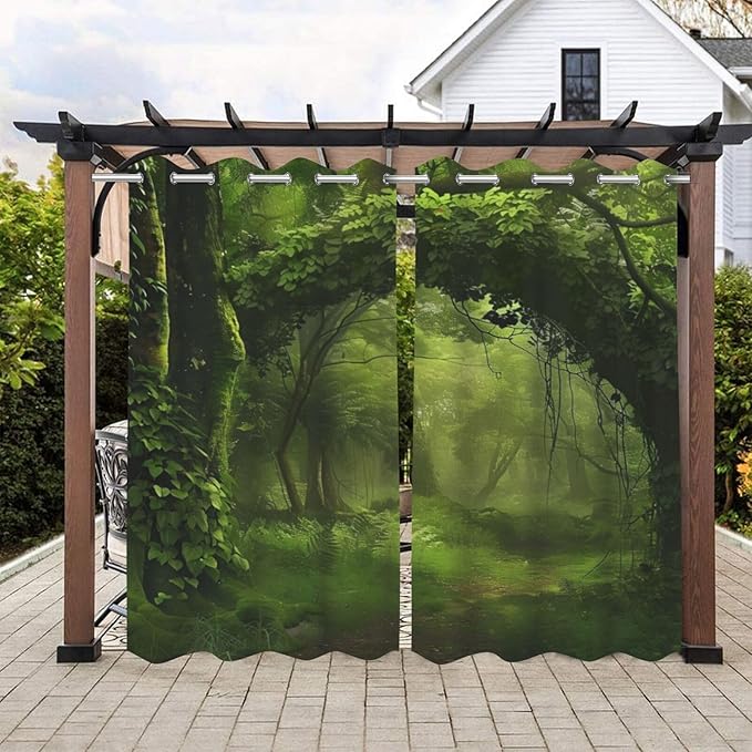 Nature Theme Waterproof Outdoor Curtains for Patio,Forest Pattern,Light Filtering Curtains Outside Curtains for Porch, Gazebo, Pergola, Backyard,2 Panels,W54 x L84,Green