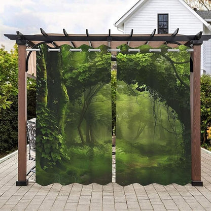 Nature Theme Waterproof Outdoor Curtains for Patio,Forest Pattern,Light Filtering Curtains Outside Curtains for Porch, Gazebo, Pergola, Backyard,2 Panels,W54 x L84,Green
