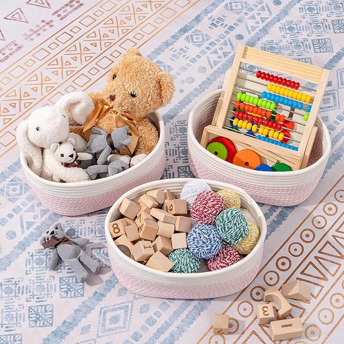 CubesLand Rectangle Organization/Storage Basket, Natural Cotton Rope Woven Baskets for Organizing, Small Basket for Kids, Baby Nursery, Cat Dog Toy Baskets, Organizer Bins for Shelves 3 Packs