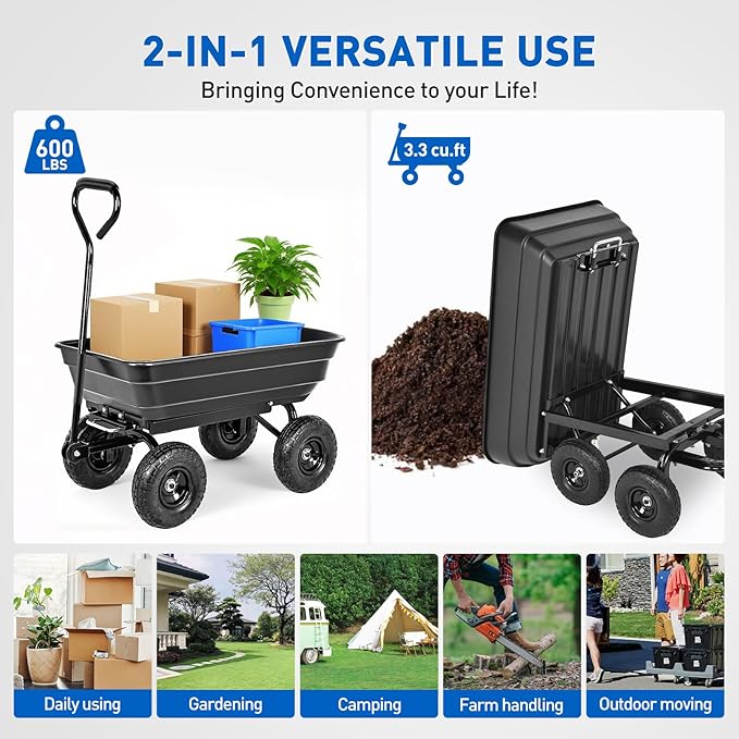 Yesker Garden Carts - 600lbs Dump Wagon with All Terrain Inflatable Wheels for Yard Lawn Farms Gardening - Heavy Duty Utility Outdoor Hauling Wheelbarrow