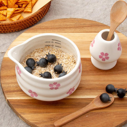 2pcs Matcha Bowl with Whisk Holder, Ceramic Cherry Blossom Matcha Bowl with Spout, 16.5OZ Porcelain Bowl with Measurement Marks