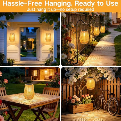 Solar Lanterns Outdoor Waterproof, Hanging Rattan Woven Solar Lights with Auto On/Off, Decorative Gifts for Mom Garden, Yard, Patio, Tree, Porch, Lawn, Pathway & Outside Tabletop Decor