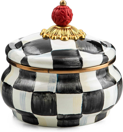 MACKENZIE-CHILDS Enamel Squashed Pot, Black-and-White Courtly Check | Hand-painted design, decorative container with lid, made from enameled steel, 5" dia. x 5.5" H, 20-ounce capacity