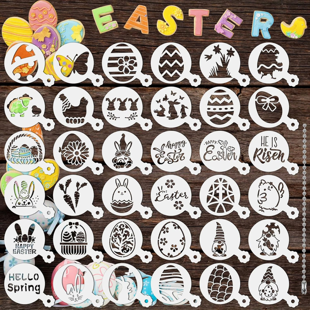 Julbear Easter Cookie Stencils, 36Pcs Reusable Eggs Bunny Cookie Coffee Stencils Templates Mold Tools for Cookies Baking Painting Dessert Coffee