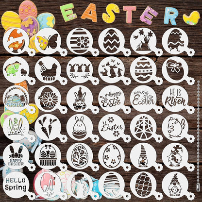 Julbear Easter Cookie Stencils, 36Pcs Reusable Eggs Bunny Cookie Coffee Stencils Templates Mold Tools for Cookies Baking Painting Dessert Coffee
