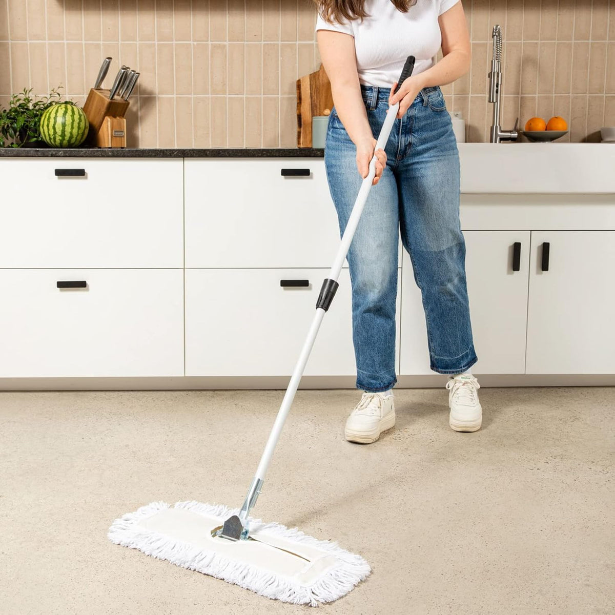 Commercial Dust Mop – 18 Inch Floor Sweeper for Hardwood, Reusable Cotton Mop Head, Extendable Handle, Dry Mop for Floor Cleaning & Janitorial Supplies
