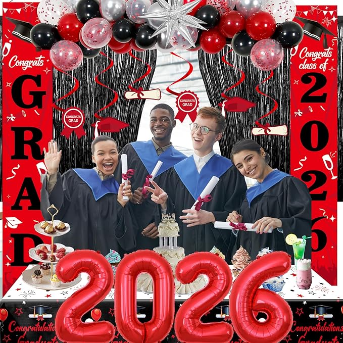 Graduation Decorations 2026, Red and Black Grad Decorations Class of 2026, Graduation Party Decorations with Congrats GRAD 2026 Banner Tablecover Balloons for High School Senior Nurse College