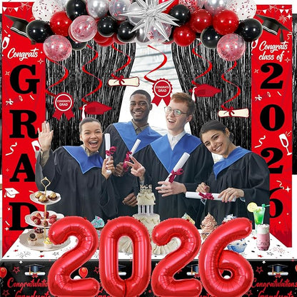 Graduation Decorations 2026, Red and Black Grad Decorations Class of 2026, Graduation Party Decorations with Congrats GRAD 2026 Banner Tablecover Balloons for High School Senior Nurse College