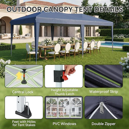 Aoxun 10x20 Pop Up Canopy Tent with 6 Removable Sidewalls, One Push Party Tent Waterproof Outdoor Canopy with 3 Adjustable Height, Portable Tents for Parties, Wedding, Commercial, Market