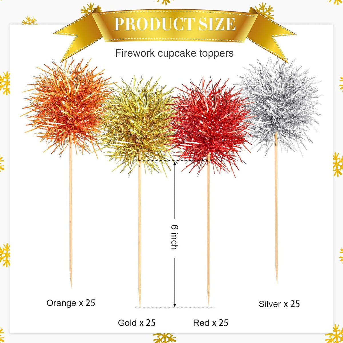 Chinco 100 Pcs Foil Firework Cupcake Toppers Sparkle Tinsel Cake Toppers Cake Decoration Cocktail Fruit Toothpick for Birthday Wedding Graduation Party (Silver, Red, Orange, Gold)