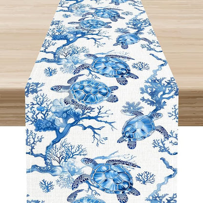 Sea Turtle Table Runner, Summer Coastal Nautical Coral Undersea Tropical Rustic Farmhouse Coffee Table Center Decor for Home Kitchen Dining Patio Holiday Party Table Decorations 13"x72"