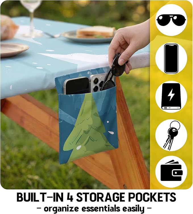 Picnic Table Cover with Bench Covers Waterproof Vinyl Elastic Rectangle Fitted Table Cloth Camping Lovers Essentials Rv Car Travel Overlanding Outdoor Roadtrip Road Trip Men Women Camper Gifts 6 Foot