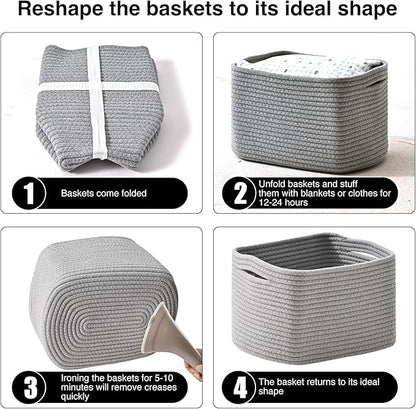 ICERZCZ Small Storage Baskets for Shelves Organizing, Woven Cotton Rope Baskets for Storage, Book Basket, Decorative Shelf Basket, 12.5"Lx9.1''Wx7.9''H (4 Packs) Grey