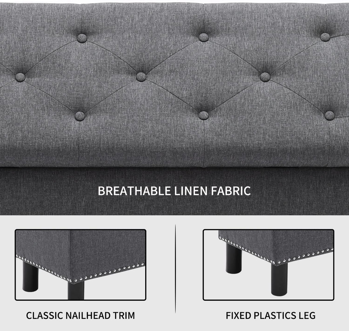 Furnimart 42.5 Inch Storage Ottoman Bench, Flip Top End of Bed Storage Bench, Upholstered Blanket Bench for Bedroom, Entryway, Living Room, Tufted Linen (Dark Grey)