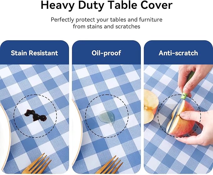 Romanstile Square Vinyl Tablecloth, 100% Waterproof Buffalo Gingham Plastic Table Cloth, Heavy Duty Wipeable Checkered Table Covers for Outdoor, Camping, Picnic, Patio - 54 x 54, Light Blue