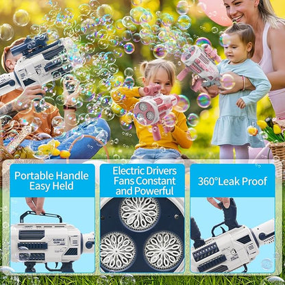 Bubble Guns Automatic with Build-in Bubble Solution (4.4 oz), 3 Fans Drive 6X Lens Bubble Blower Machine, Cool Favors for Summer Ourtdoor Party Birthday Wedding Toy
