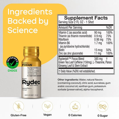 RYDE Focus Energy Shot, Orange Flavor, Zero Sugar, 2 fl oz, 24 Pack | mental clarity; study support; workday alertness; daily focus supply