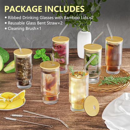 16OZ Glass Cups with Lids and Straws, Vintage Glassware for Whiskey Cocktail Beer, Iced Coffee Cups with Lid, Glass Tumbler with Straw and Lid (2 PACK)