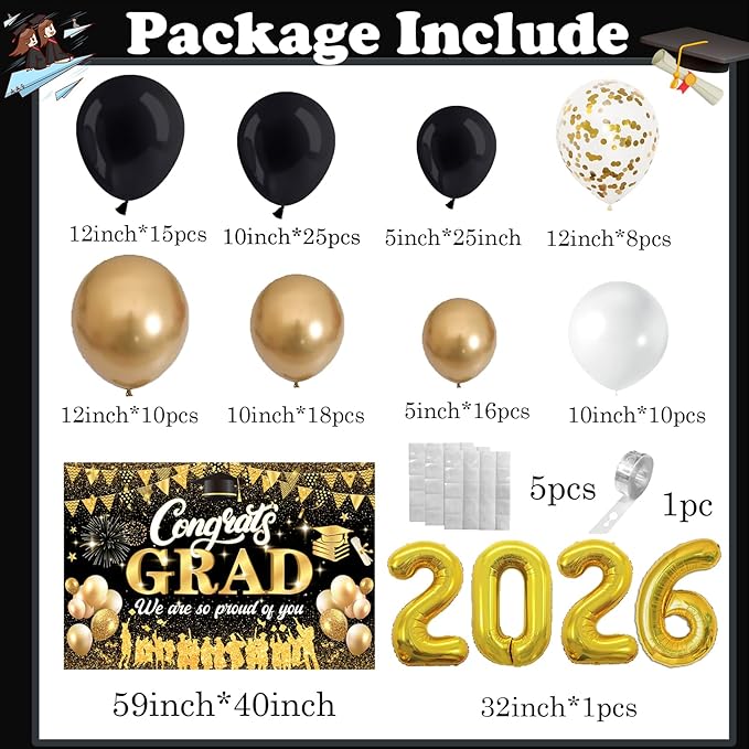 Black Gold 2026 Graduation Party Decorations - Graduation Balloon Arch Kit With Black Gold Graduation Balloons, Congrats Grad Backdrop, 2026 Foil Balloons For High College School Graduation Decor
