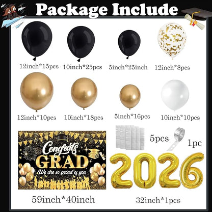 Black Gold 2026 Graduation Party Decorations - Graduation Balloon Arch Kit With Black Gold Graduation Balloons, Congrats Grad Backdrop, 2026 Foil Balloons For High College School Graduation Decor